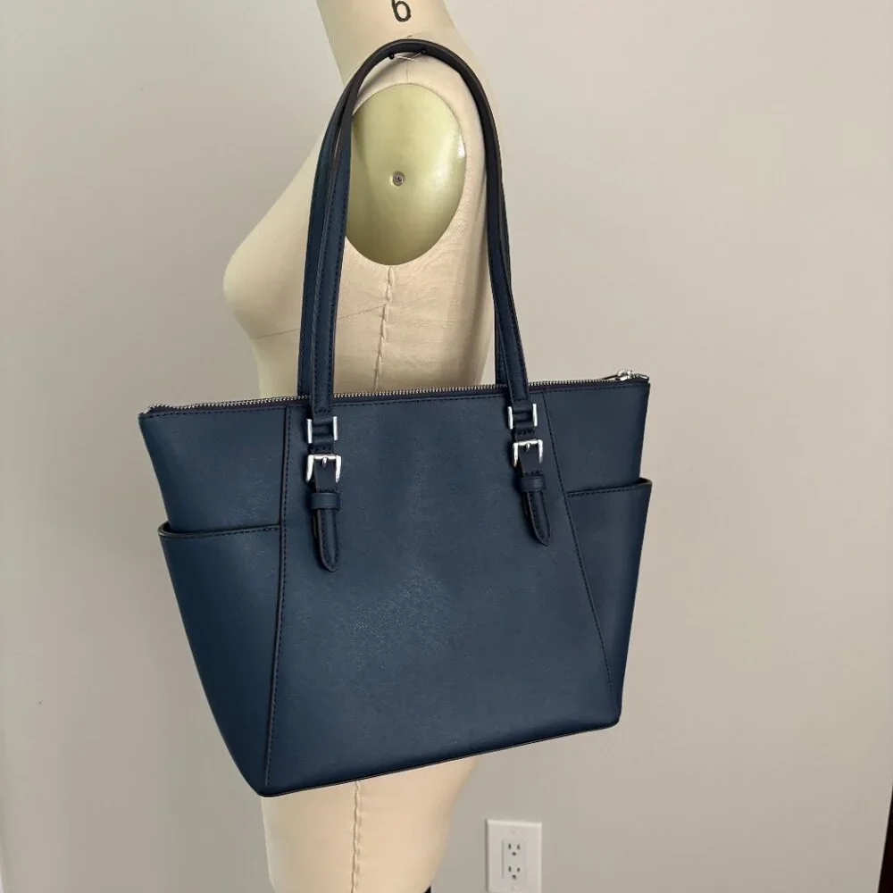 Michael Kors Charlotte Medium Tote Navy Saffiano Leather Top Zipper Travel Chic